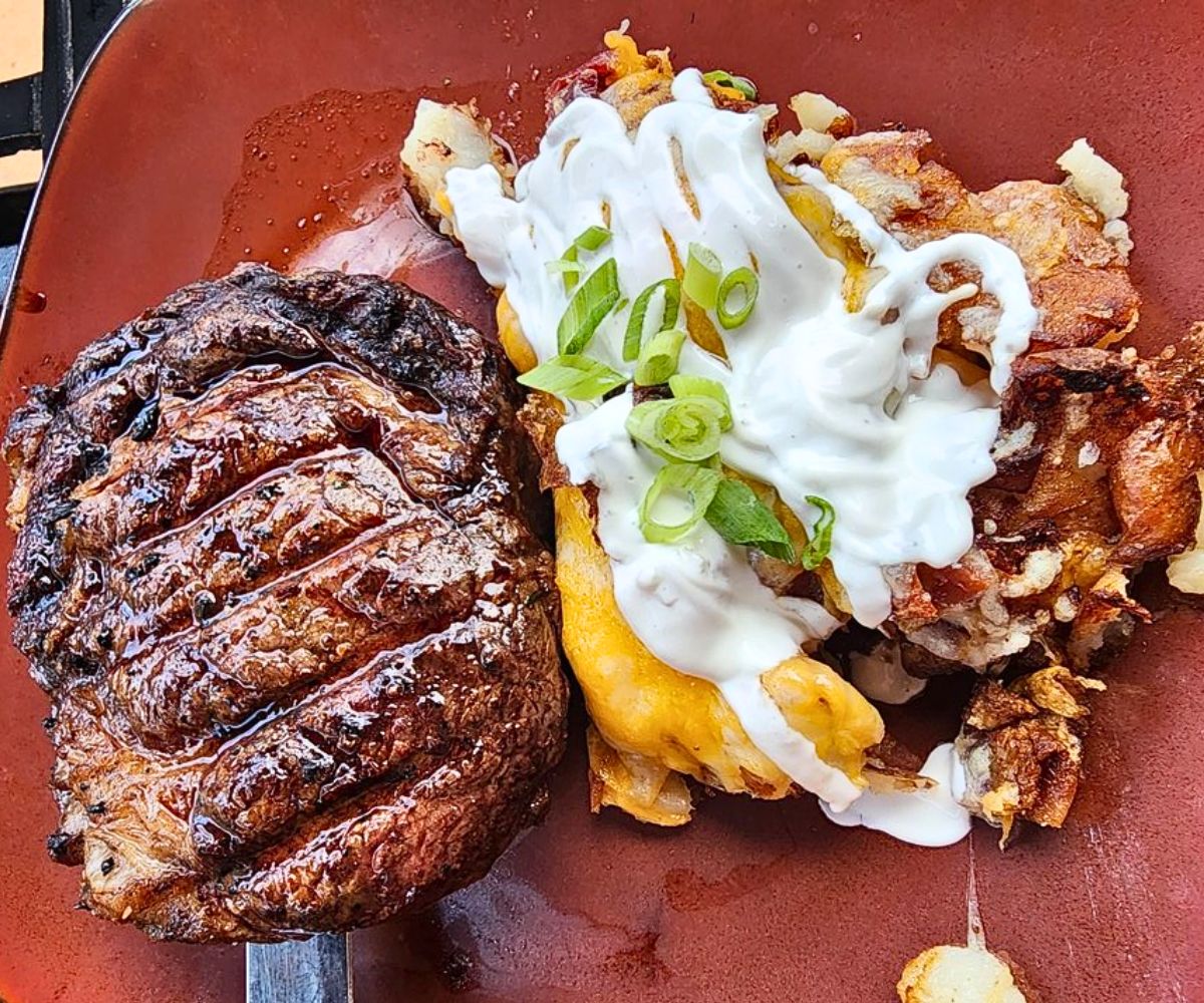 Bison steak with loaded potato at Deadwood Social Club in Deadwood, SD