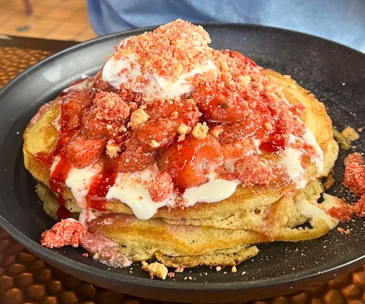 Strawberry Pancakes with Homemade Crumble at R & R Breakfast Spot in Moreno Valley, CA