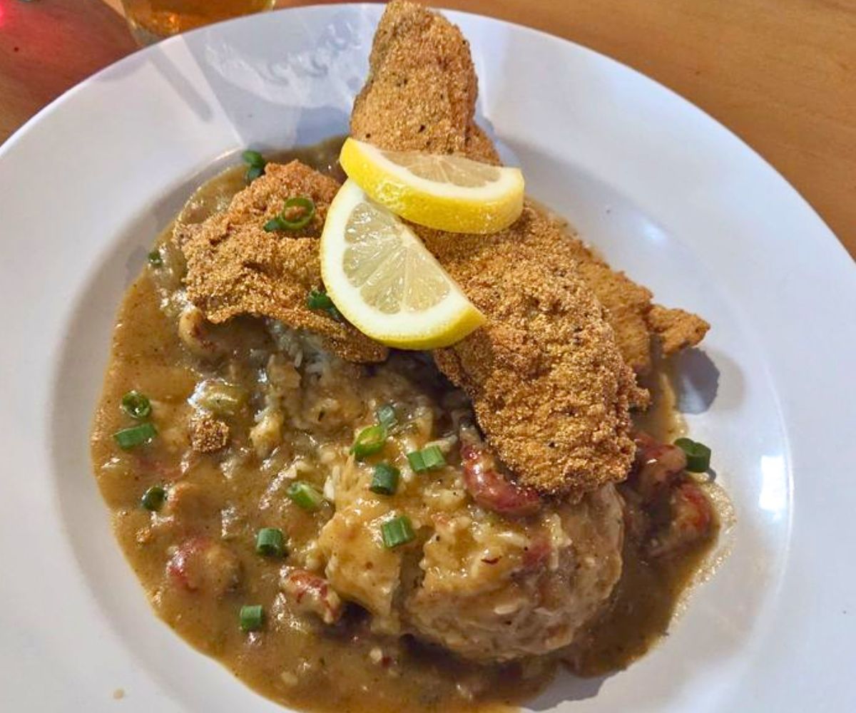 Smothered Cat-Daddy at Linney Breaux's Cajun Eatery in Tahlequah, Oklahoma