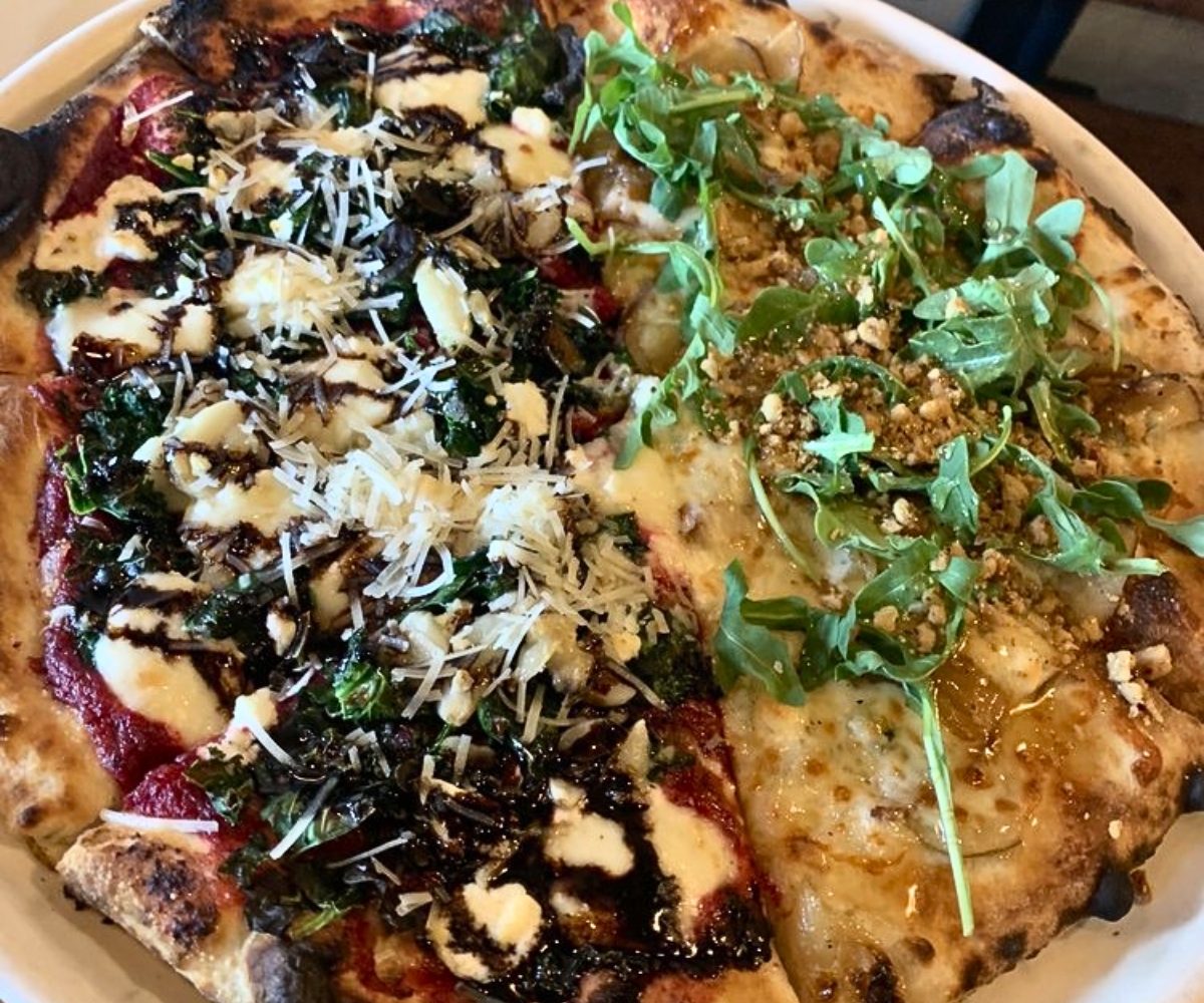 Half Hieronymous Bosc and half beet Pizza at Hearth Artisan Pizza in Anchorage, AK