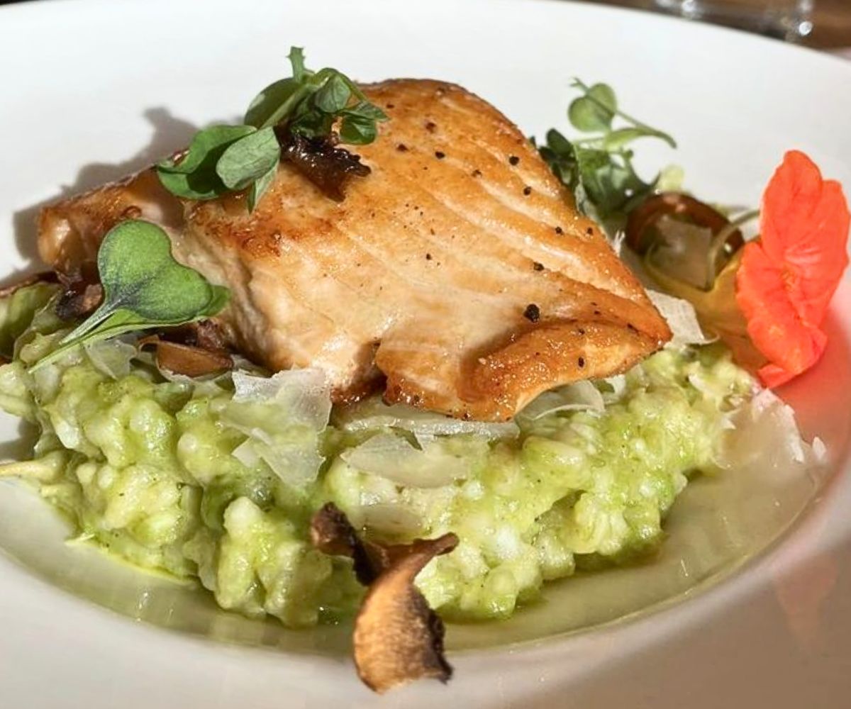 Salmon with Shiitake & Pea Risotto at Brix 27 in Martinsburg, WV