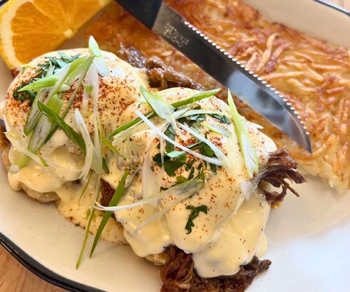 Eggs Benedict with Pulled Pork & Fried Green Tomatoes at Hot Suppa in Portland, Maine