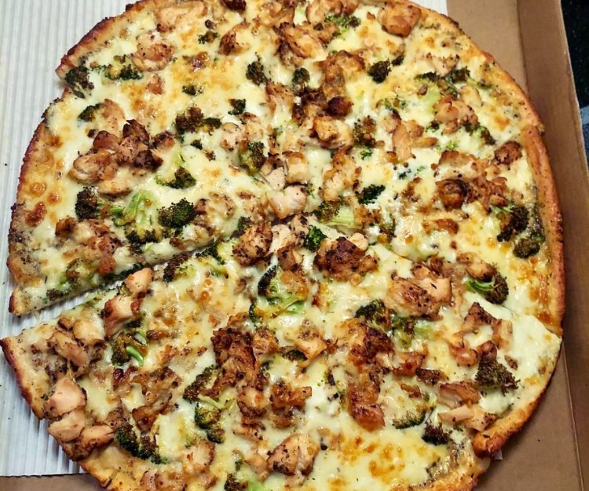 Chicken Alfredo Pizza at Angelo's Pizzeria in Bangor, Maine