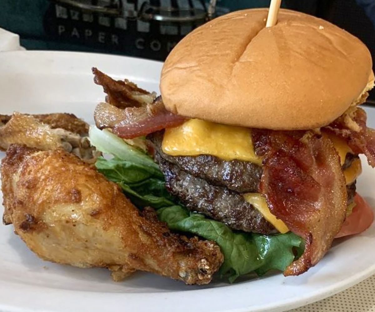 chicken and double cheeseburger at Coburg Crossing Café in Coburg, Oregon
