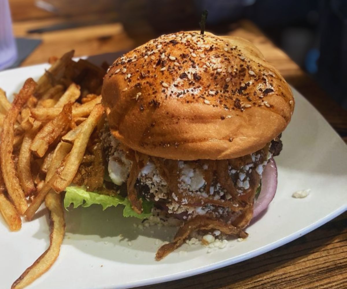 burger and fries at The Grumpy Goat in Elgin, illinois