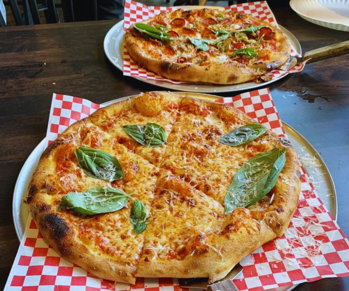 Yearling Pizza - Cheese Pizza with Basil & Meat Lover Pizza Bueno