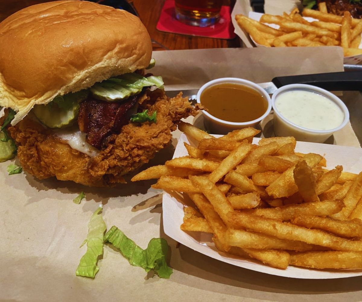 Jack Nolen’s - Crispy Chicken with Bacon, Swiss, Carolina (Mustard) Sauce, Homemade Ranch, Fries