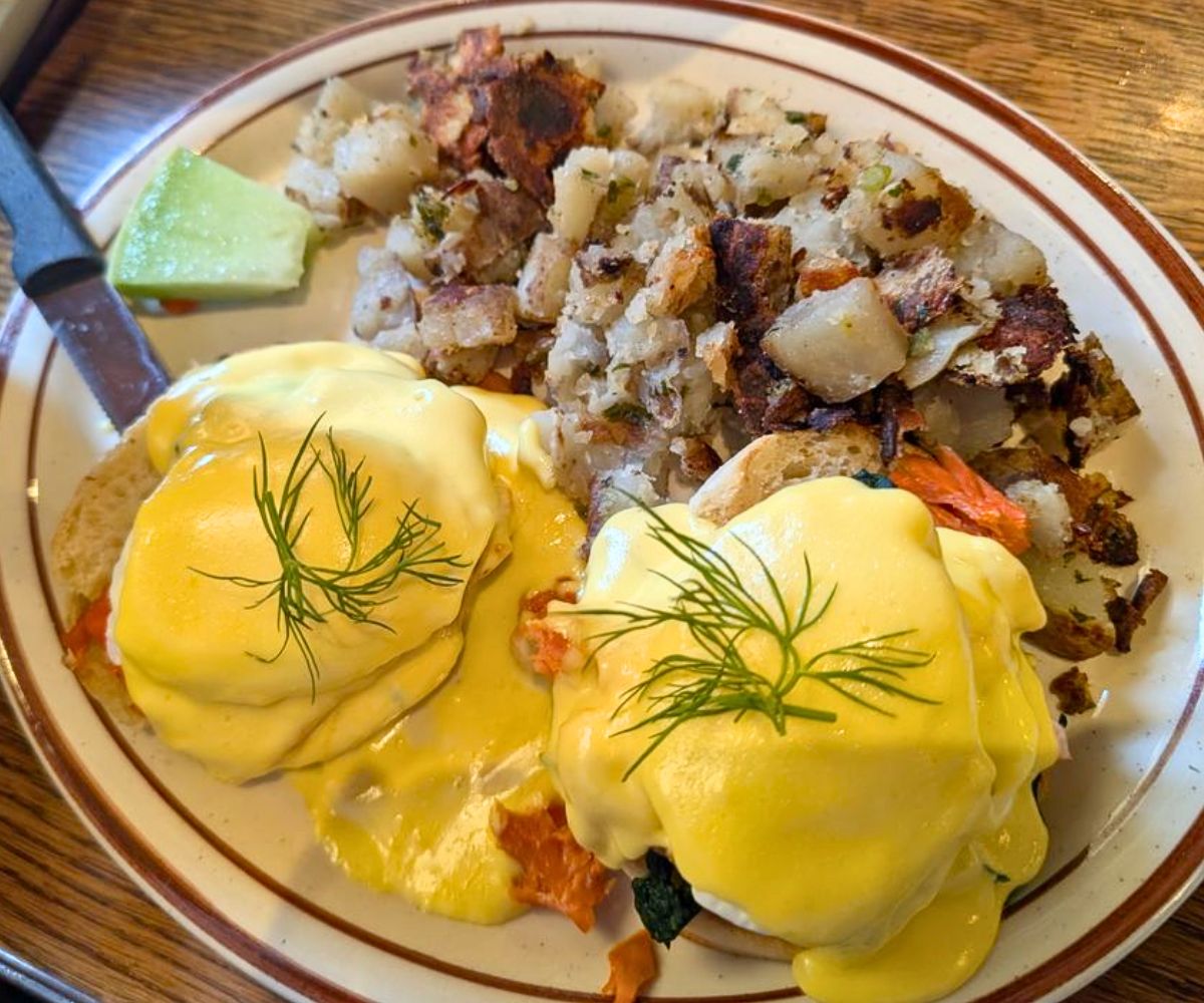 Cape Cod Benedict at Echo Lake Cafe in Bigfork, Montana