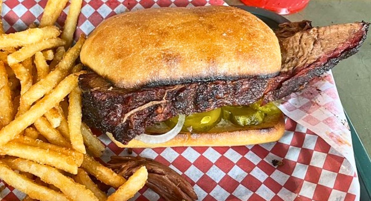 brisket sandwich at Riverhouse BBQ in Big Sky, MT