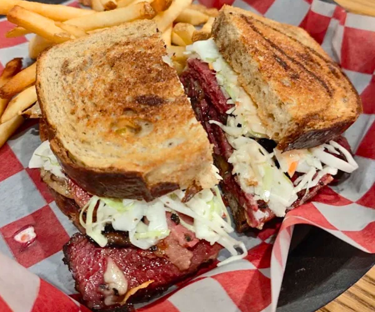 Smoked Pastrami Rachel Sandwich at 2 Jerks BBQ in Raynham, Massachusetts
