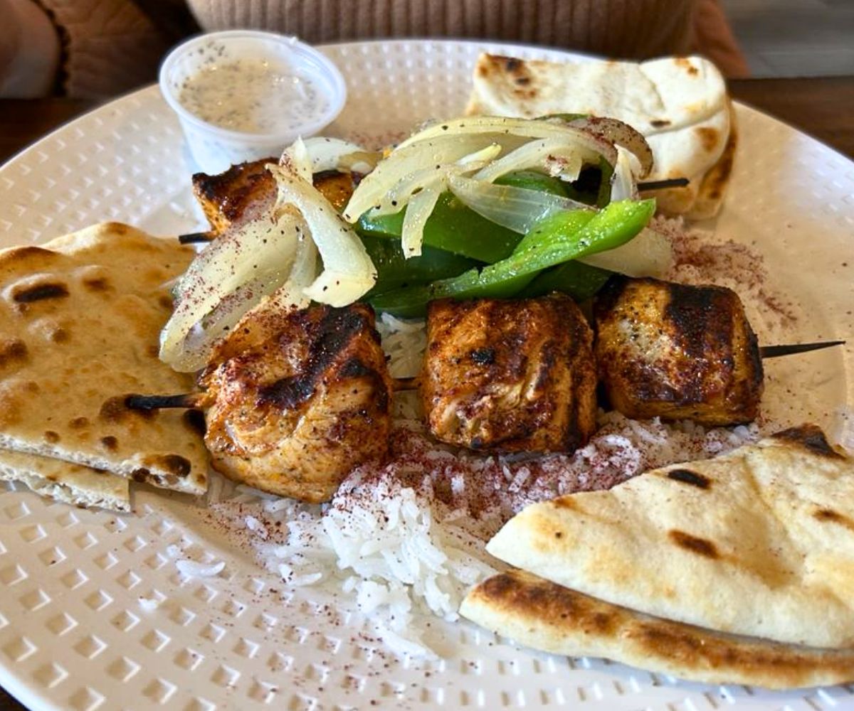 Chicken Kebob Skewers Platter at Olive On Main in Laurel, Maryland