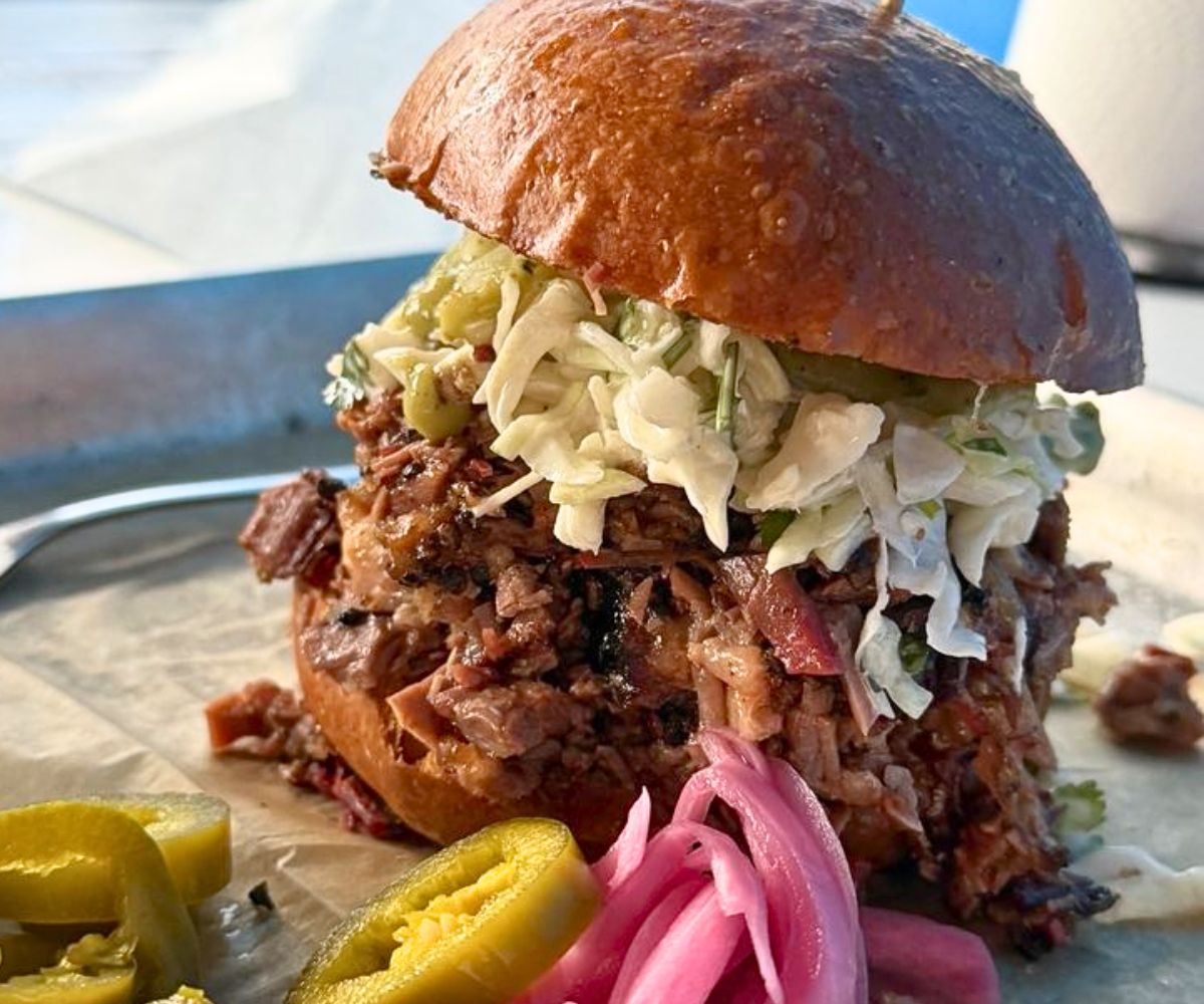 Chopped adobo brisket sando at Lawrence Barbecue in Cary, North Carolina