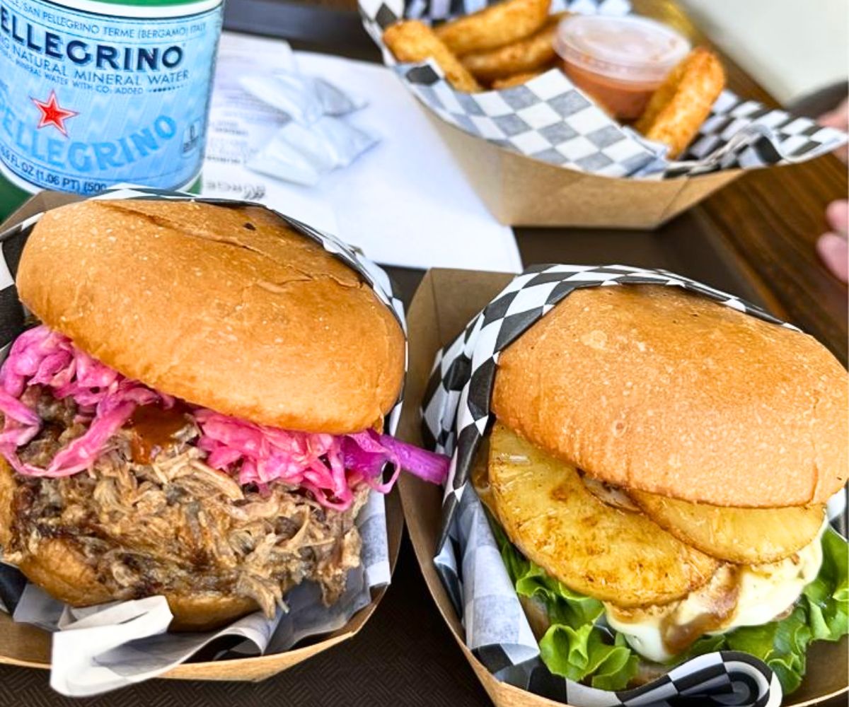 Kailua pork sandwich (left) & Pineapple Burger (right) at HI Burger in Honolulu, HI