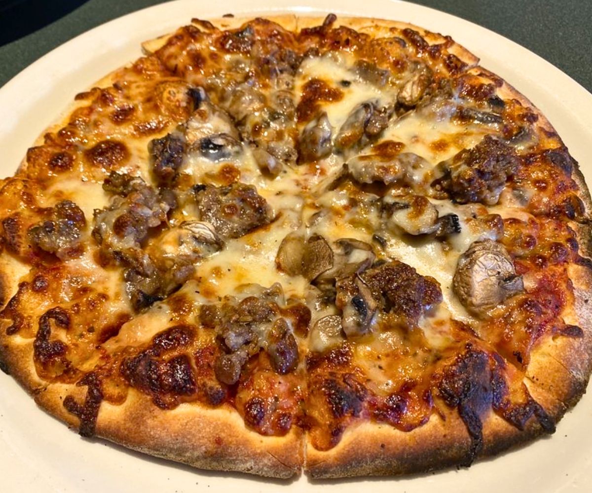 Italian Sausage and Mushroom Pizza at Flat Branch Pub & Brewing in Columbia, MO