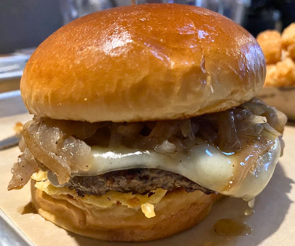 French Onion Soup Burger at Lucky Luke Brewpub in Lancaster, California