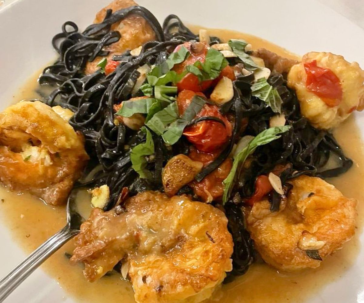 Shrimp with black linguine at Posto 22 in New Rochelle, NY