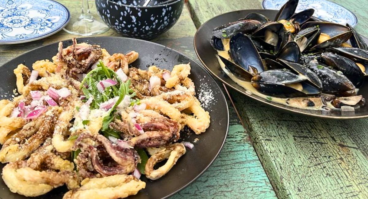 The Kraken (left) and Mussels (right) at Franny’s Bistro in Camden, ME
