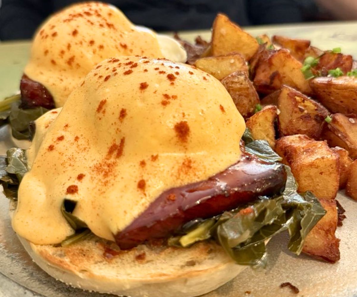Pork Belly Benedict at Roots Cafe in West Chester, Pennsylvania