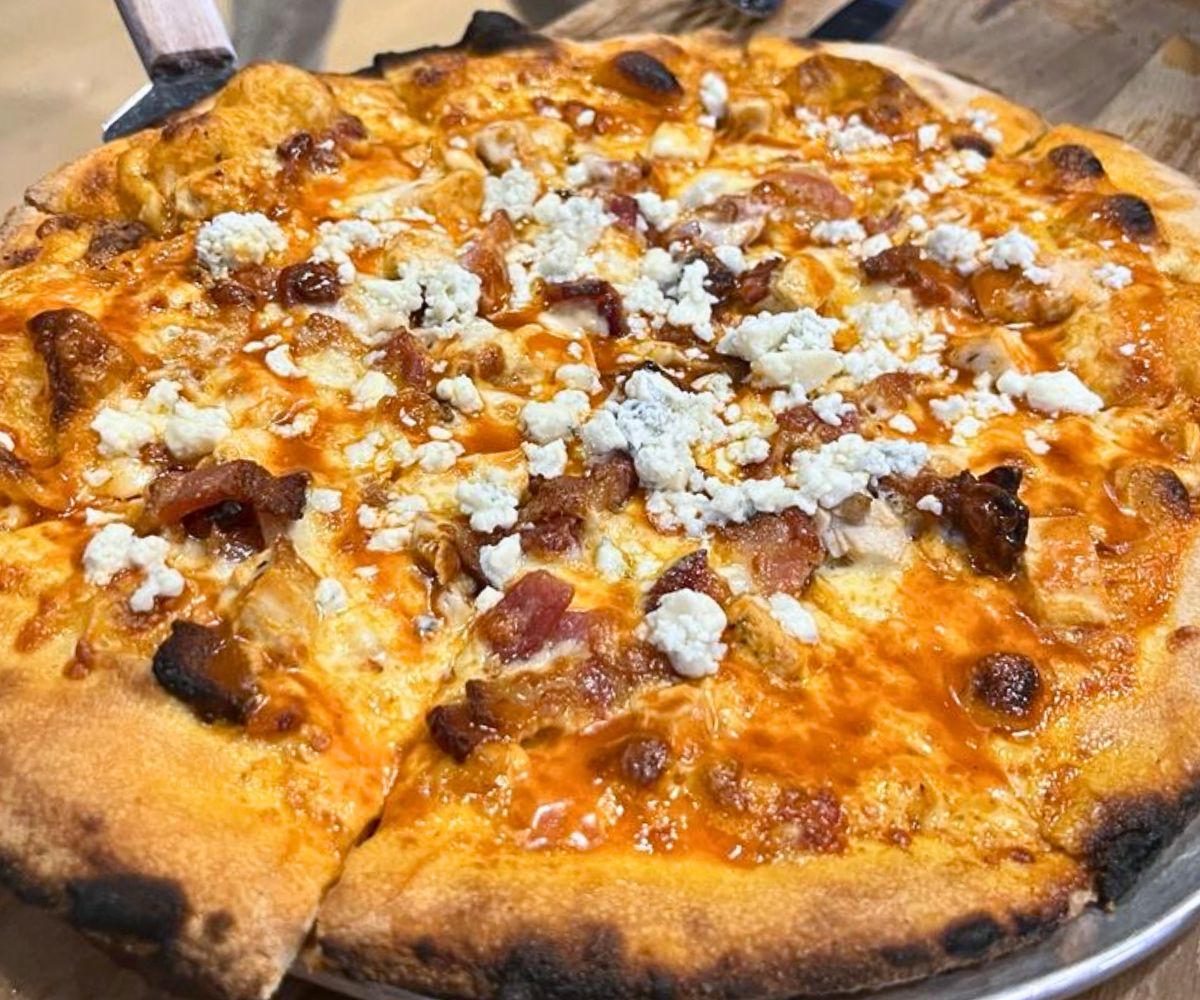 The Buffalo Chicken with Bleu Cheese at Hearth Wood Fired Pizza in Beaufort, SC