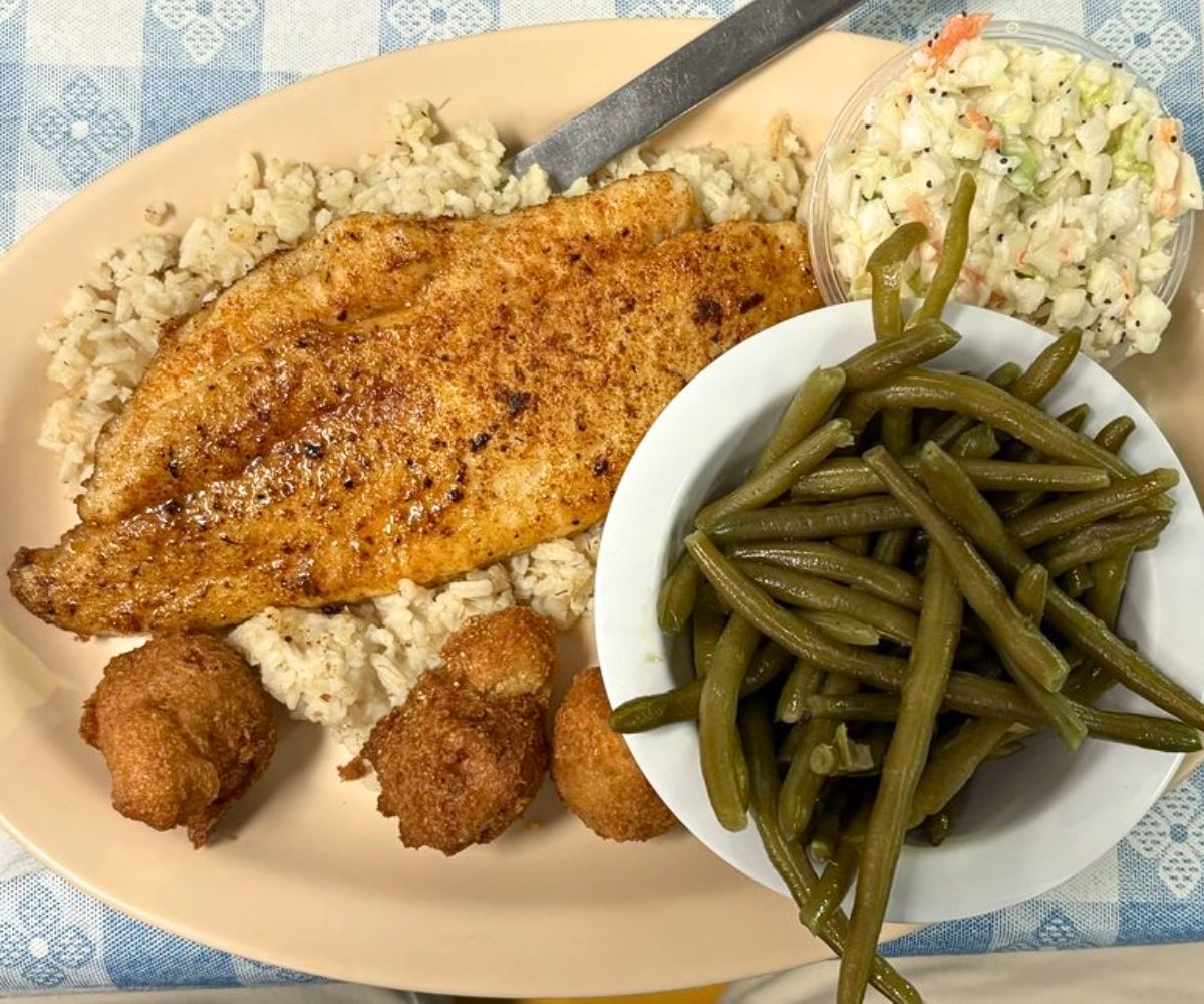 Blackened Catfish Over Rice at Julia Belle's in Florence, SC