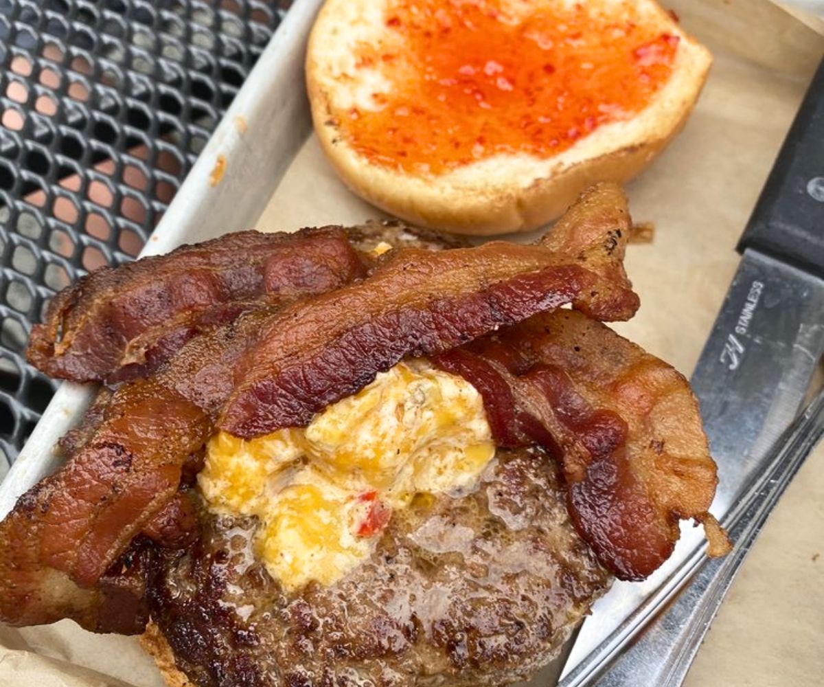 red hot burger at Ocmulgee Brewpub in Macon, Georgia