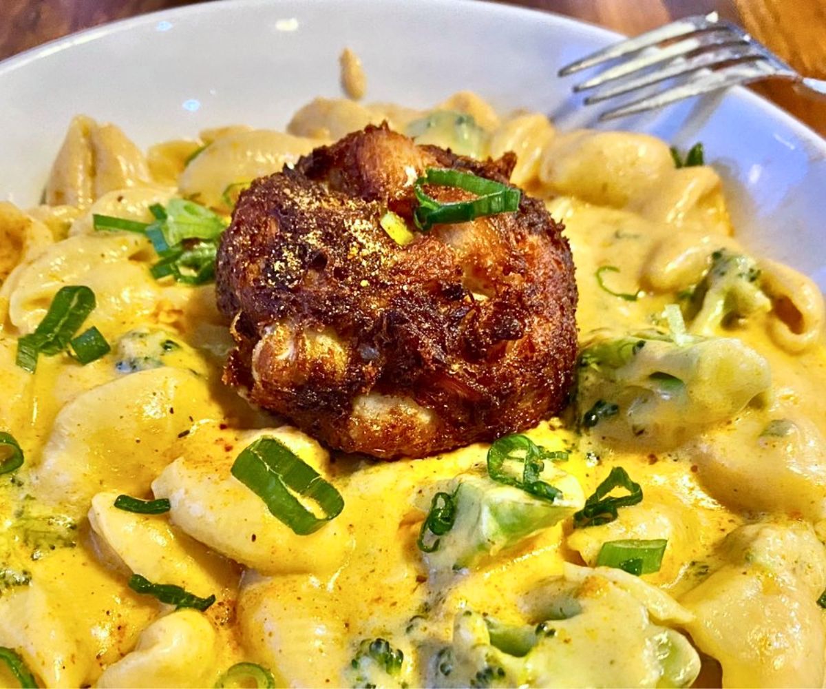 Jumbo Lump Crab Cake Mac & Cheese at The Surfing Crab in Lewes, DE