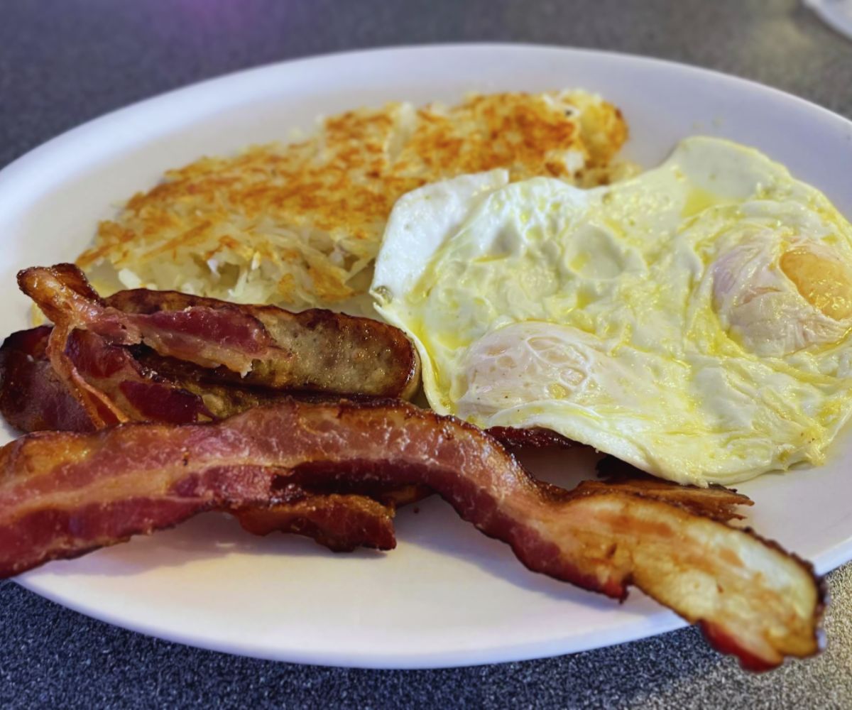 bacon eggs and sausage at Nick's 50's Diner in west palm beach, Florida