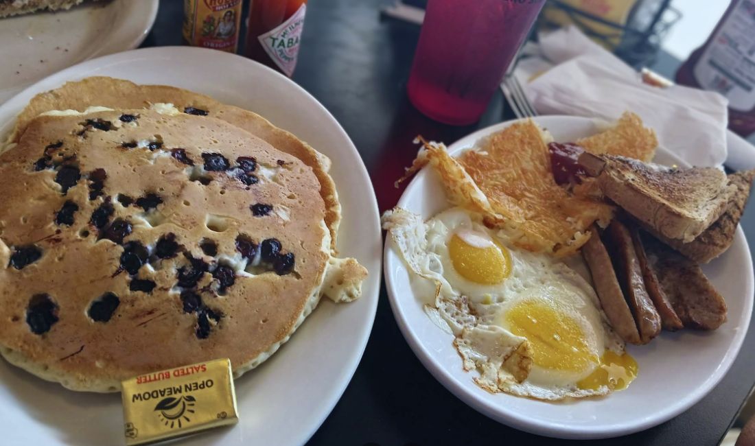 pancakes and eggs and toast at nick's 50's diner inwest palm beach, florida