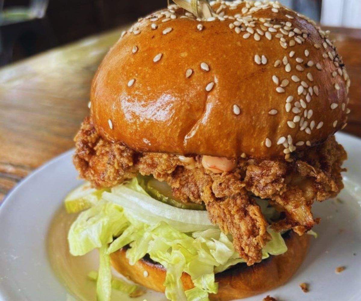 Lucky Buns - Dirty Bird Sandwich - Crispy Fried Chicken, Shark Sriracha Hot Sauce, Lucky Sauce, Shrettuce, White Onion, Gordy's Pickles