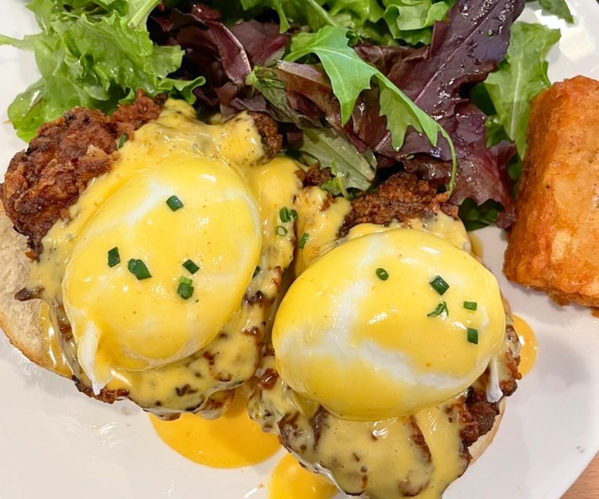 Fried Chicken Eggs Benedict at The Beehive Cafe in Bristol, RI
