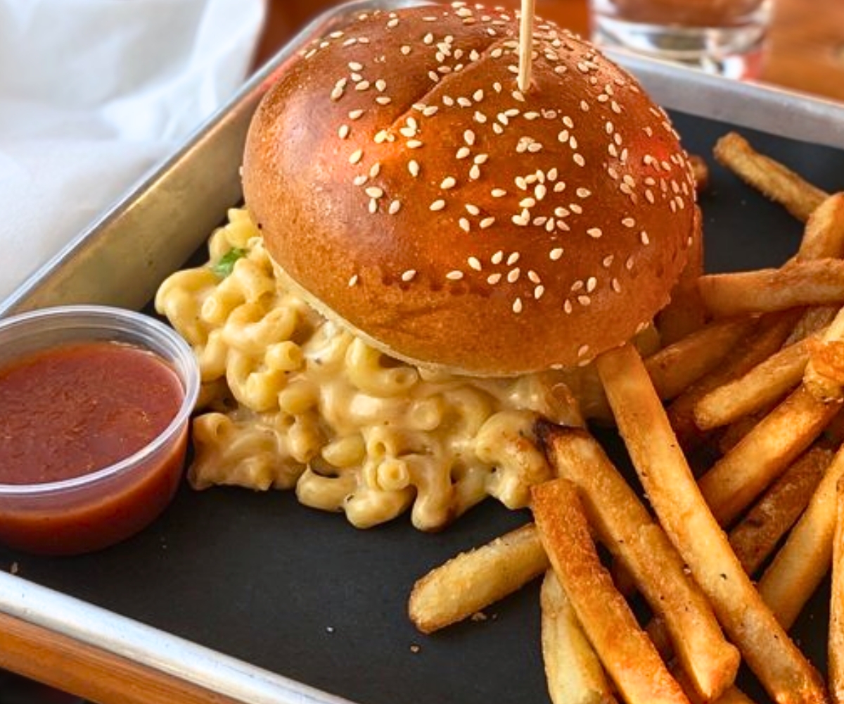 Mac & Cheese Burger at Chomp Kitchen & Drinks in Warren, RI