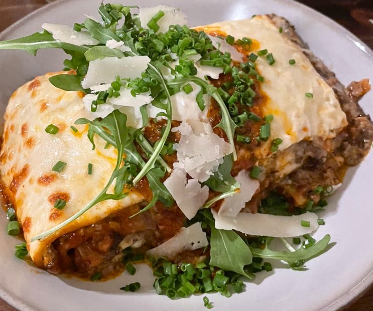 mushroom lasagna at Albano's Pasta Shop in Valparaiso, Indiana