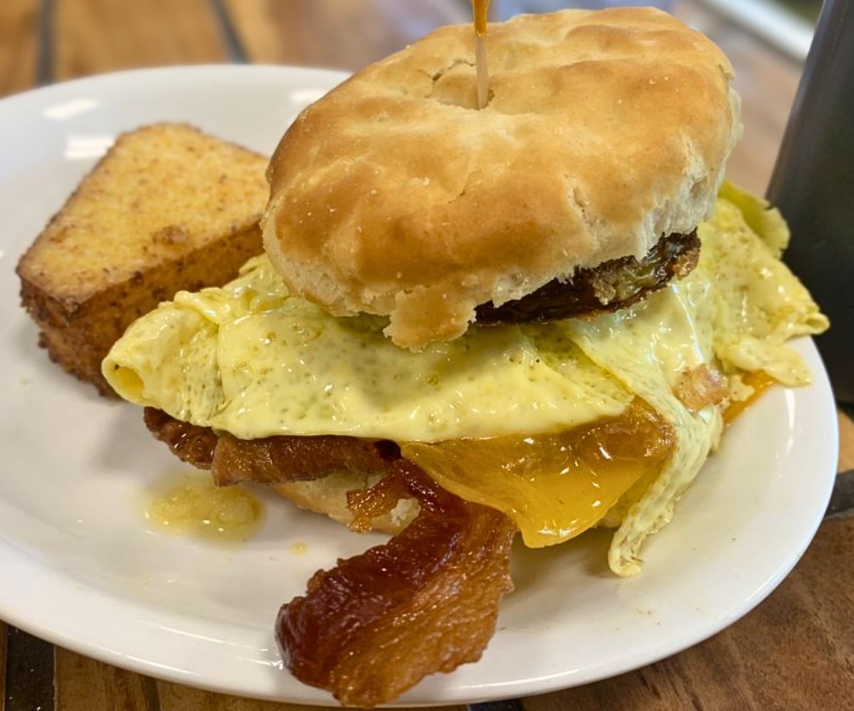 Fried Green Tomato, Egg, Cheddar Bacon Biscuit at SunnySide Cafe in Clemson, SC