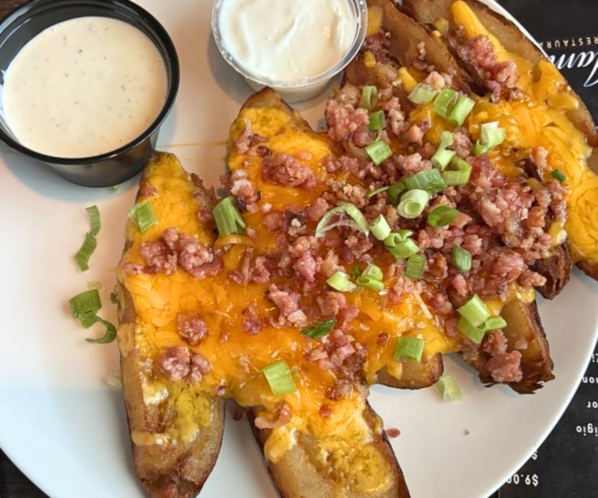 Giant Loaded Potato Skins at Jamie's Local Flavor in Harrison, AR