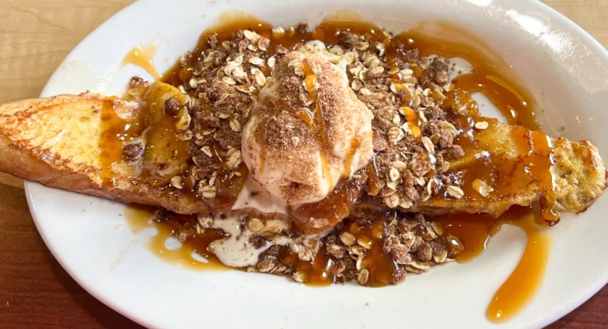 peach cobbler french toast at Abracadabra's in Pocatello, Idaho
