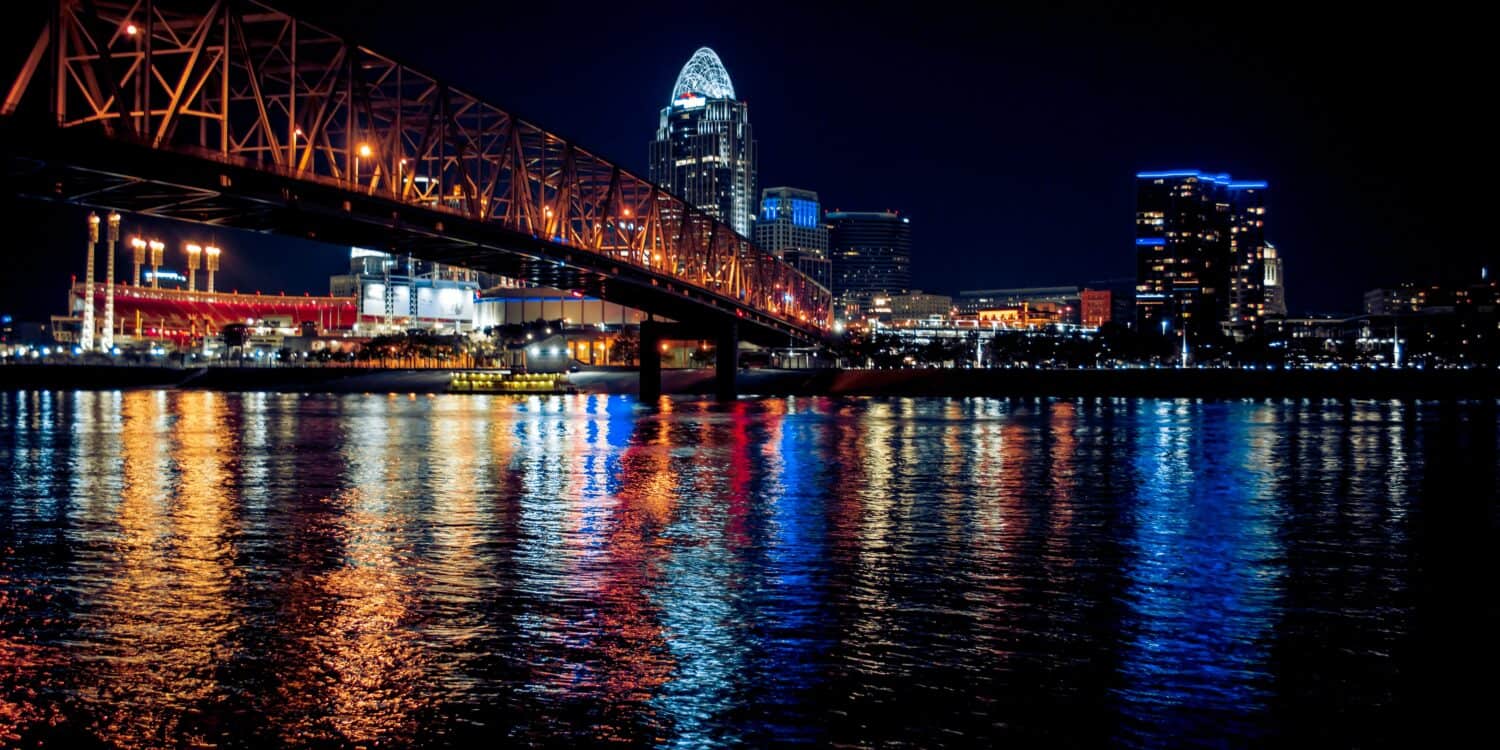 view of a bridge at night