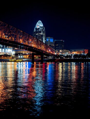 view of a bridge at night
