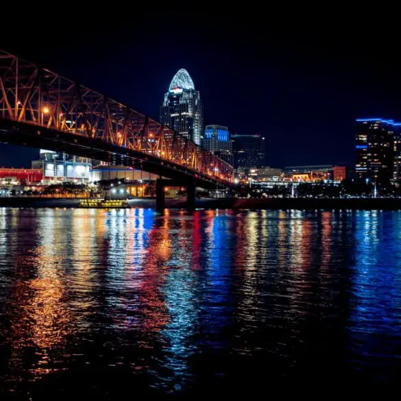 view of a bridge at night
