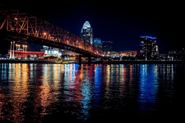 view of a bridge at night