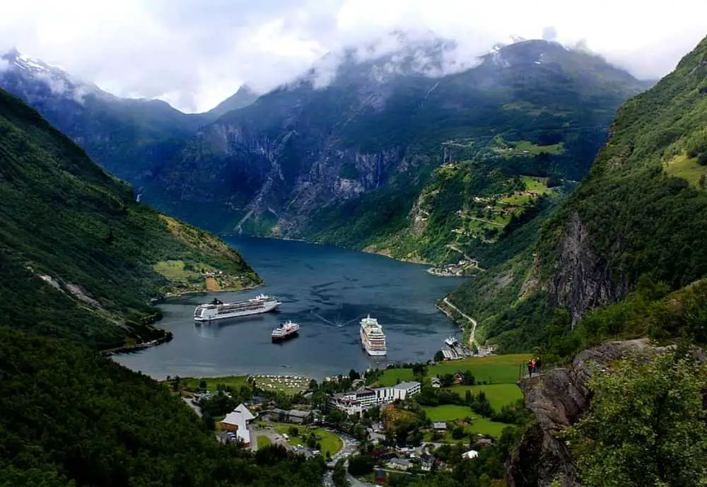 aerial view of cruise ships in the Norwegian fjords