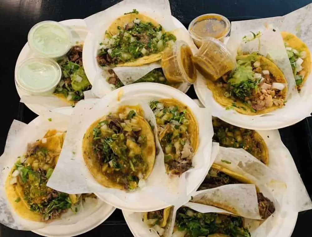 Array of various taco plates at Taco Y Taco in Las Vegas, Nevada.