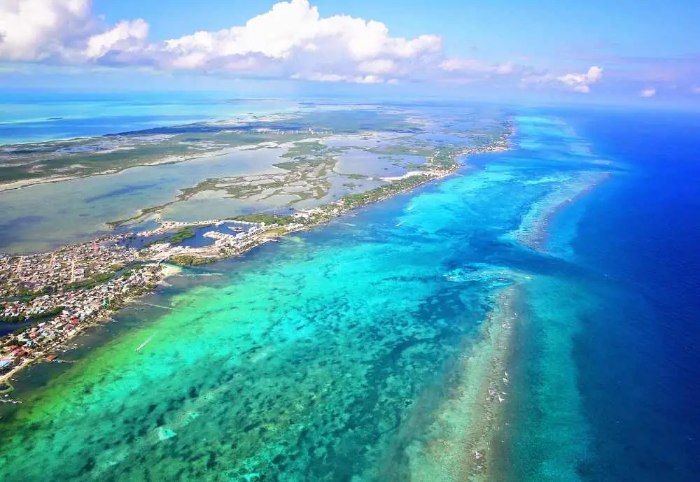 The spectacular aerial view of the coastline of Ambergris Caye, things to do in Belize City, Belize