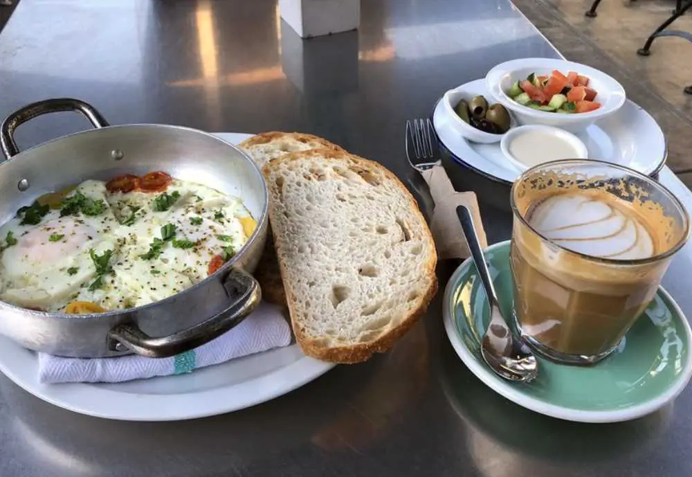 Greek eggs and almond milk latte at Cafe Smitten in Bakersfield CA