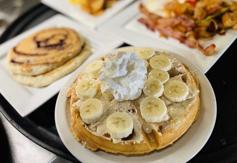 banana waffles at Wake Up Cafe in Bakersfield California