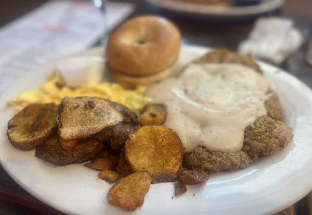 fried steak breakfast at Maple Leaf Diner in Plano Texas