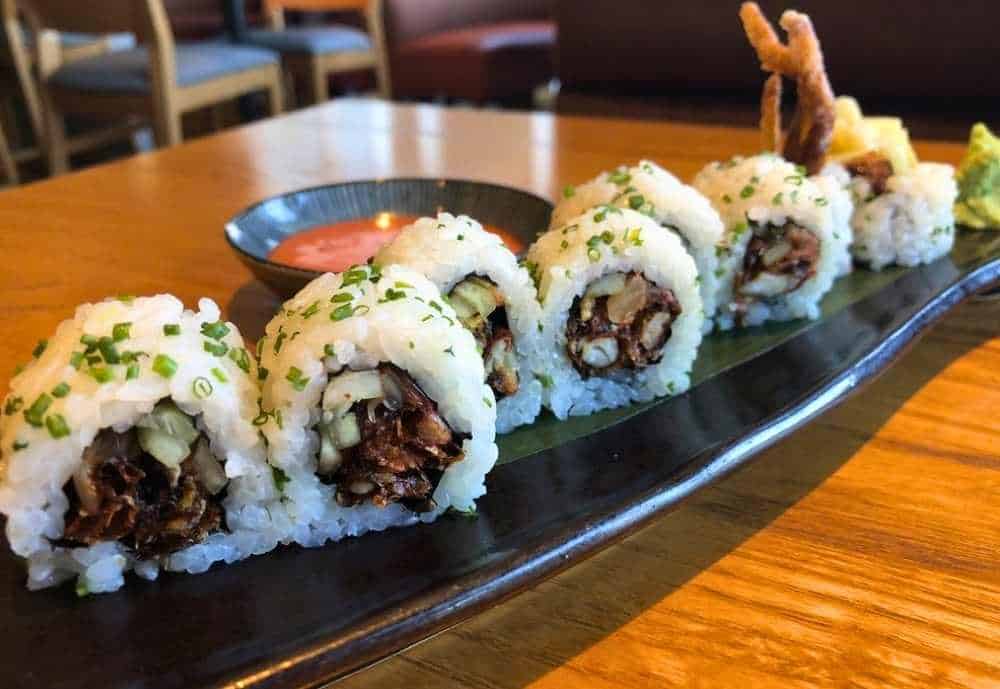 Soft shell crab and kimchi roll at Roka Akor restaurant in Houston Texas