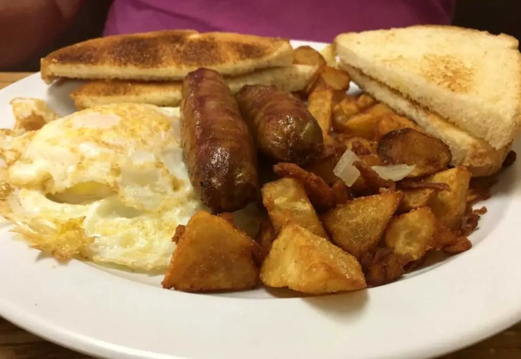 Eggs with sausage at Sunrise Breakfast Shoppe in Chesapeake Virginia