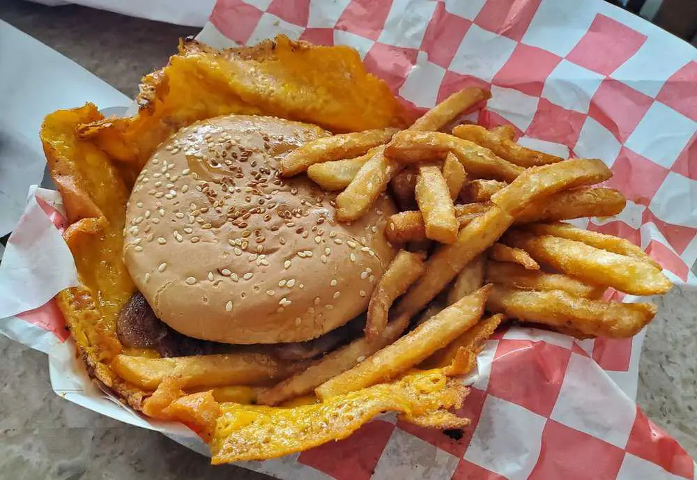 Bacon Flip Burger with cheese skirt at Flip's Burgers in Stockton, California, best burgers in STockton