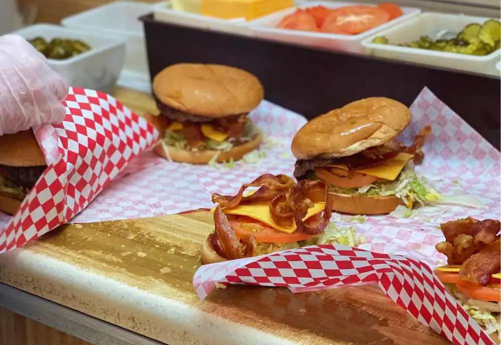 Burgers being prepared at Cupp's Drive In in Waco Texas