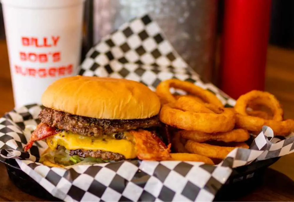 burger and onion rings at Billy Bob's Burgers Bar & Grill in Waco